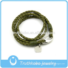 Women's Jewelry with Stainless Steel Lobster Clasps Silver Circle Charm Green Braid Leather Bracelet